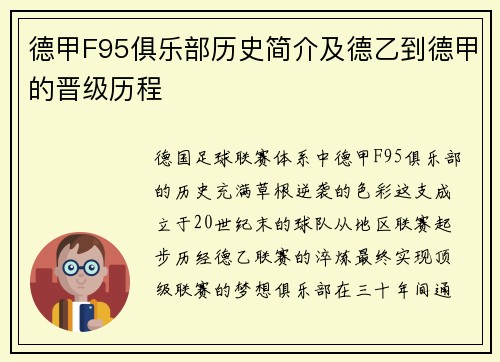 德甲F95俱乐部历史简介及德乙到德甲的晋级历程
