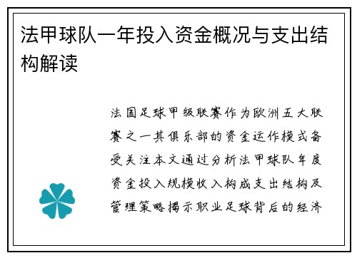 法甲球队一年投入资金概况与支出结构解读